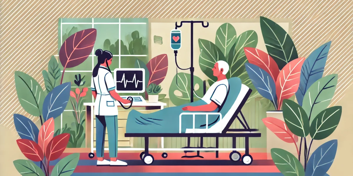 DALL·E 2024-07-13 01.57.03 - A dedicated nurse is using an electrocardiogram (ECG) machine to check an elderly patient lying on a hospital bed in a room filled with lush plants. T