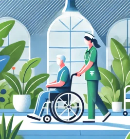 DALL·E 2024-07-13 01.57.33 - A nurse accompanying a patient in a wheelchair walking in a hospital garden, surrounded by lush green plants, adding vitality to the scene. The settin