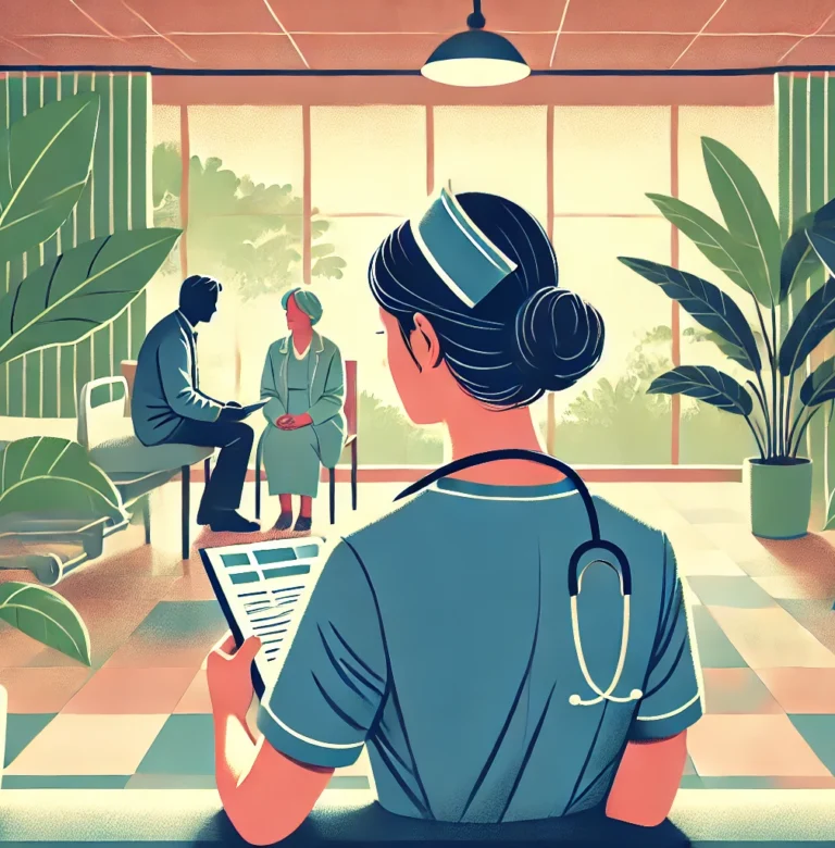 DALL·E 2024-07-13 02.42.11 - From behind a nurse, looking at her as she attentively reads a patient's medical records in a hospital room filled with lush plants. The scene highlig